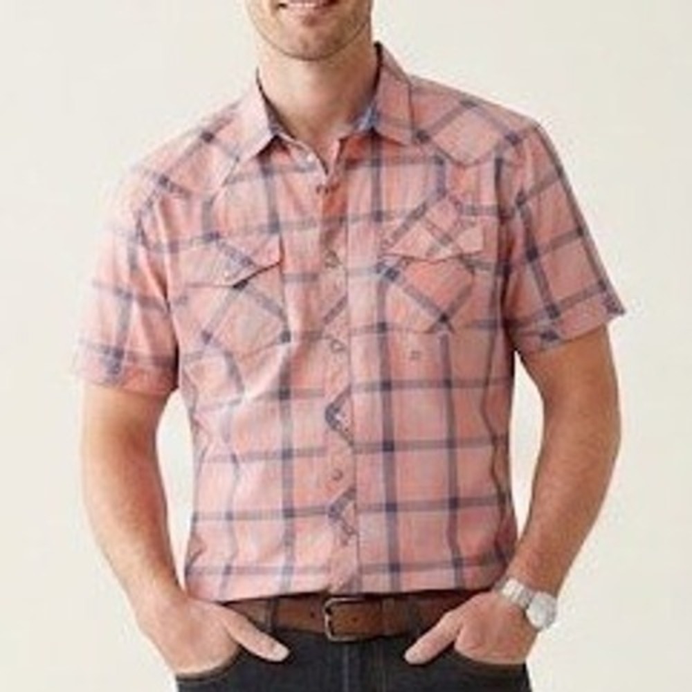 BKE Plaid Button Down Shirt Mens XL Peach Blue Short Sleeve Western Coastal NWT